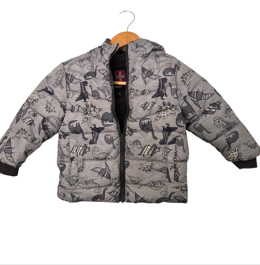 Swiss Tech Gray Dinosaur Print Kids Puffer Jacket Size 2t